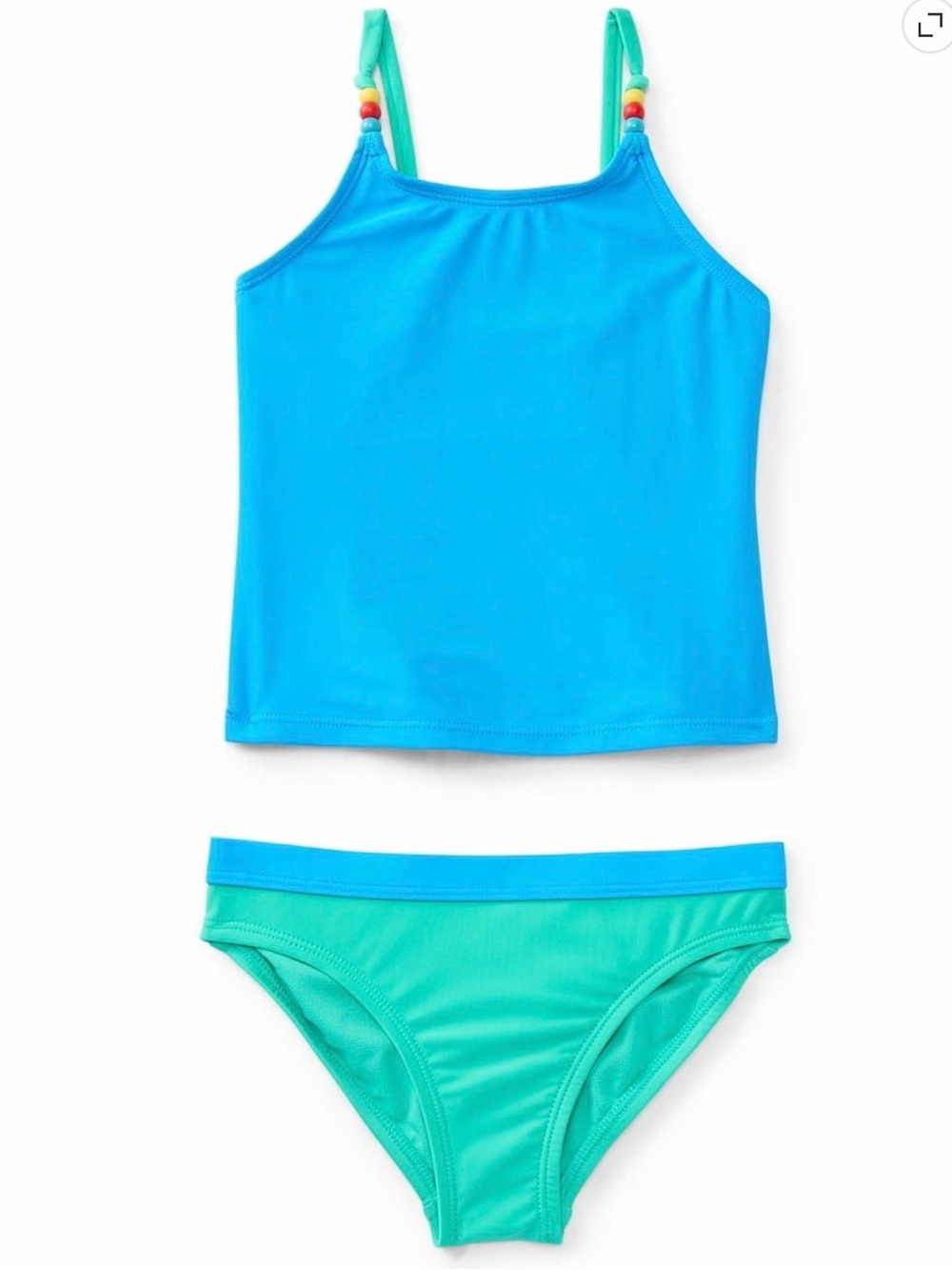 Baby girls’ Blue & Teal Tankini Top with Bead Straps swim set